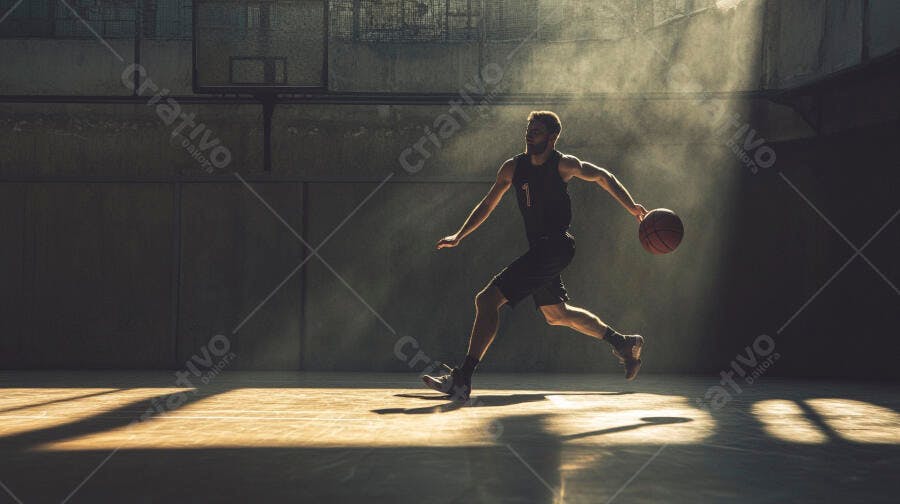Homem caucasiano jogando basquete em quadra escura com luz dramática