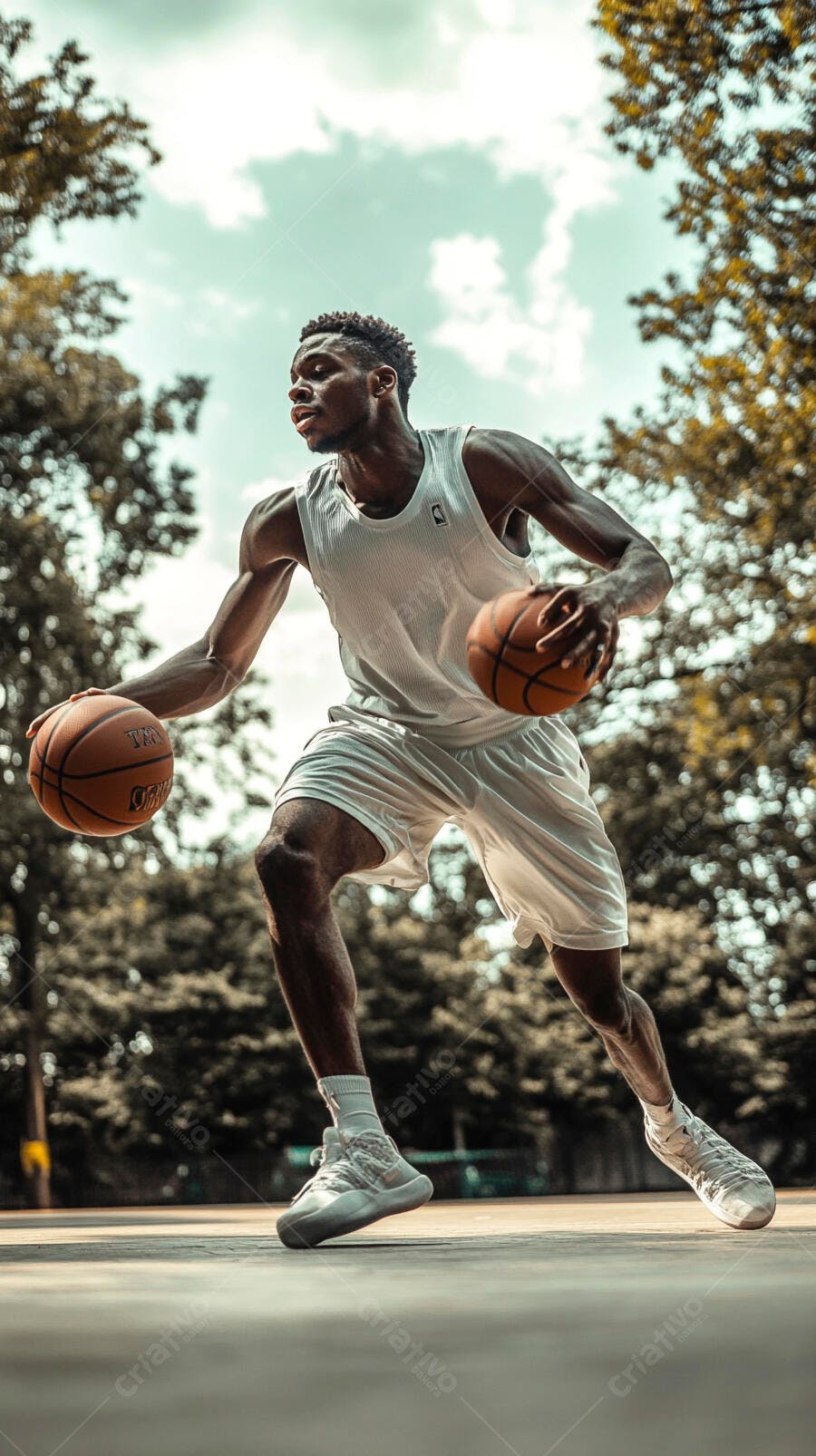 Homem negro atleta driblando duas bolas de basquete em quadra externa