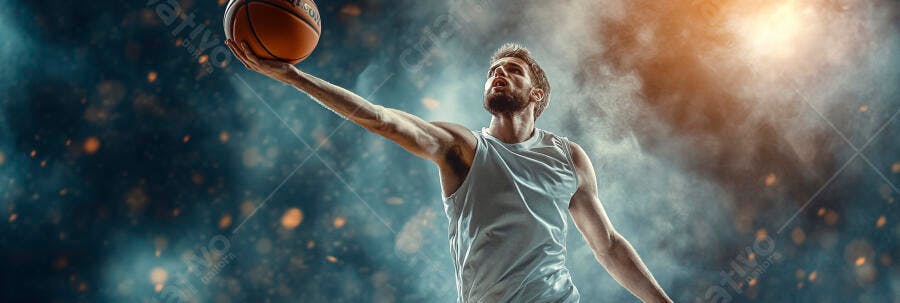 Jogador de basquete caucasiano segurando bola em quadra esfumaçada com luz laranja dramática