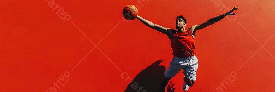 Homem negro jogador de basquete pulando com bola em quadra vermelha vibrante
