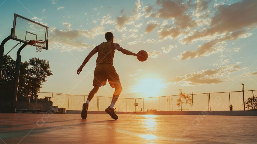 Jogador de basquete driblando na quadra ao pôr do sol dourado