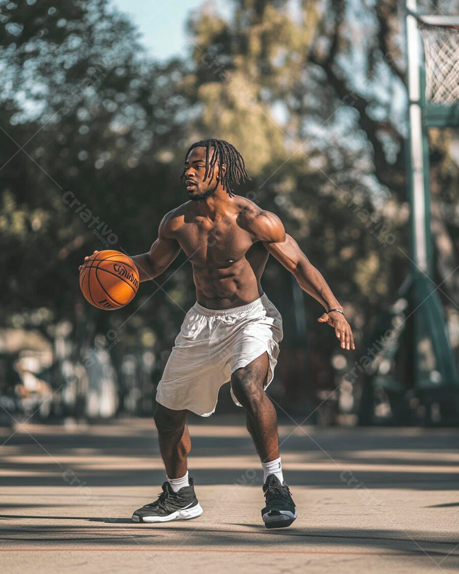 Homem negro atlético driblando bola de basquete em quadra ensolarada ao ar livre