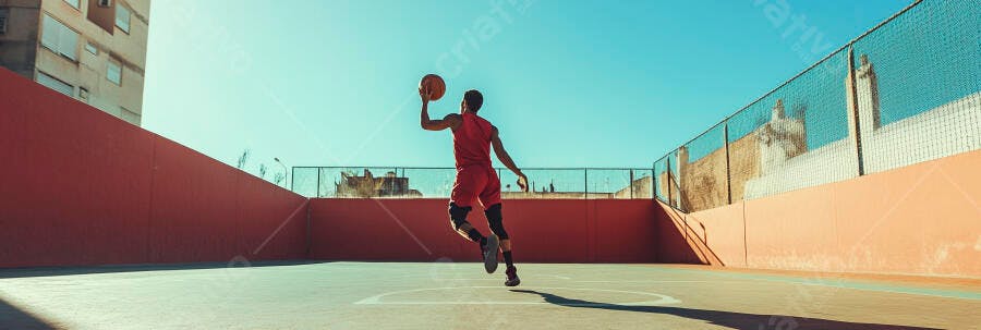Jovem jogador negro de basquete arremessando bola em quadra urbana ensolarada