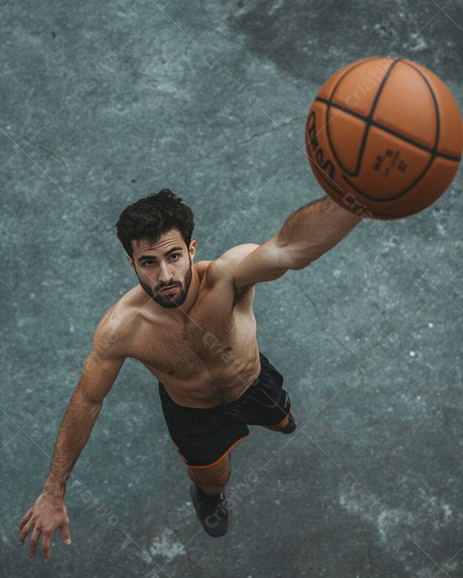 Homem atlético sem camisa jogando basquete em quadra cinza