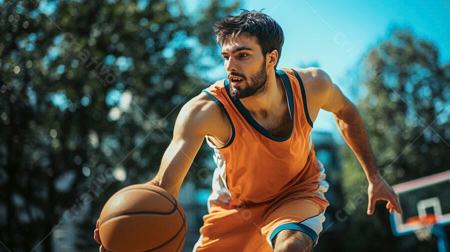Jovem homem atleta driblando bola de basquete em quadra ensolarada ao ar livre
