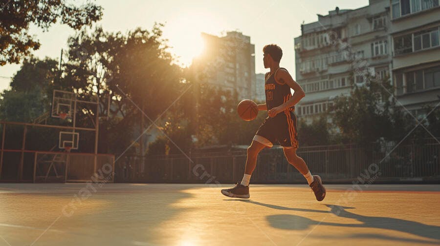 Jovem homem negro driblando bola de basquete em quadra urbana ao pôr do sol