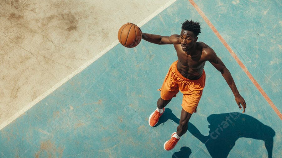 Jovem negro sem camisa jogando basquete em quadra ensolarada ao ar livre
