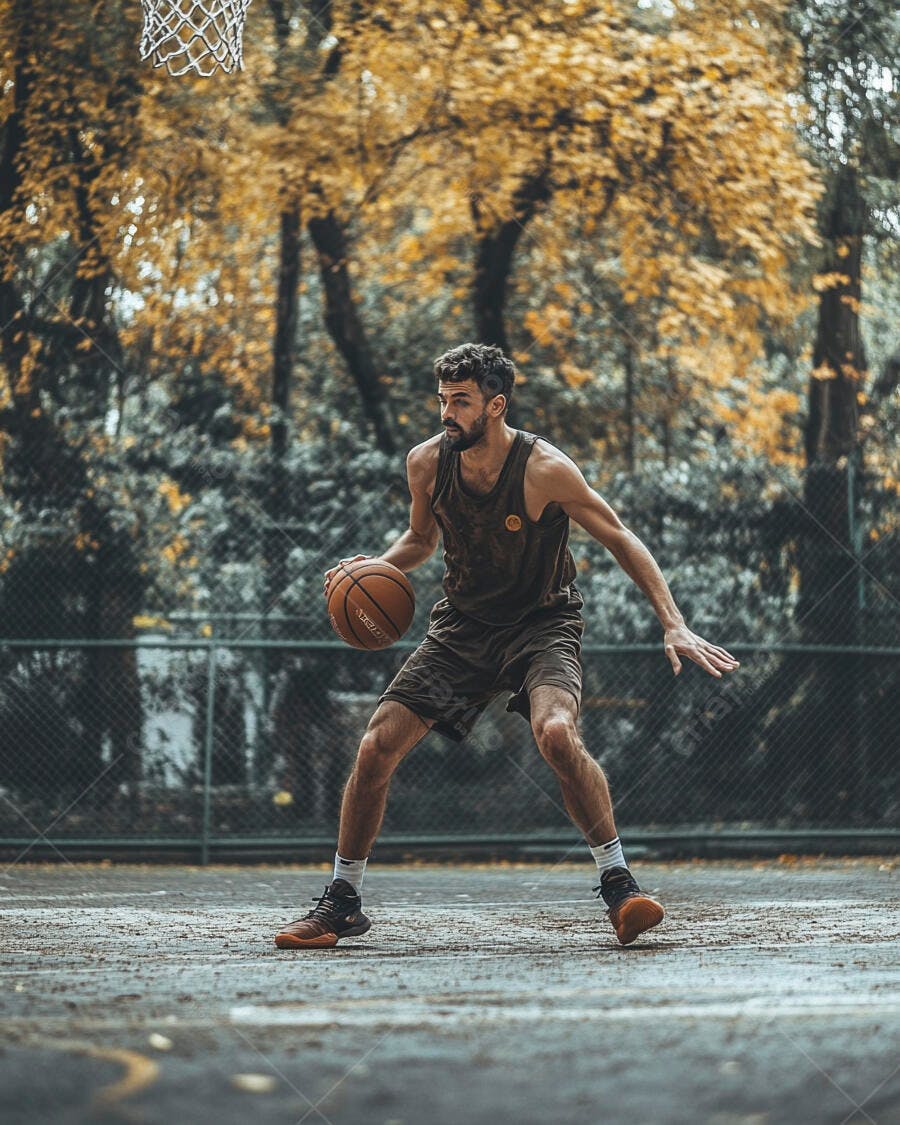 Homem barbudo jogando basquete na quadra ao ar livre com folhas de outono