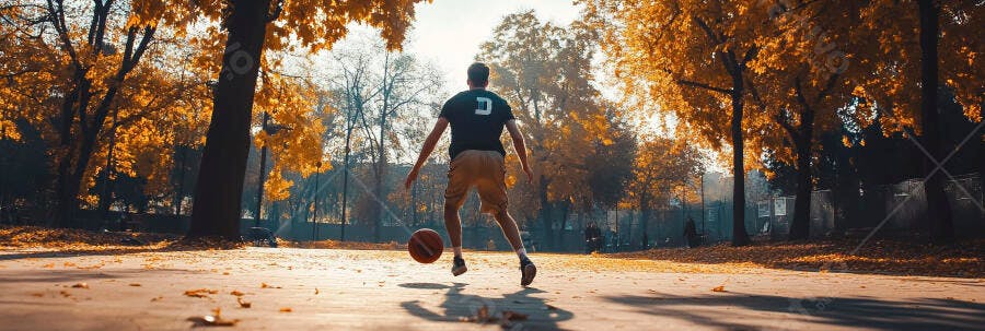 Jovem homem jogando basquete em parque ensolarado de outono com folhas alaranjadas