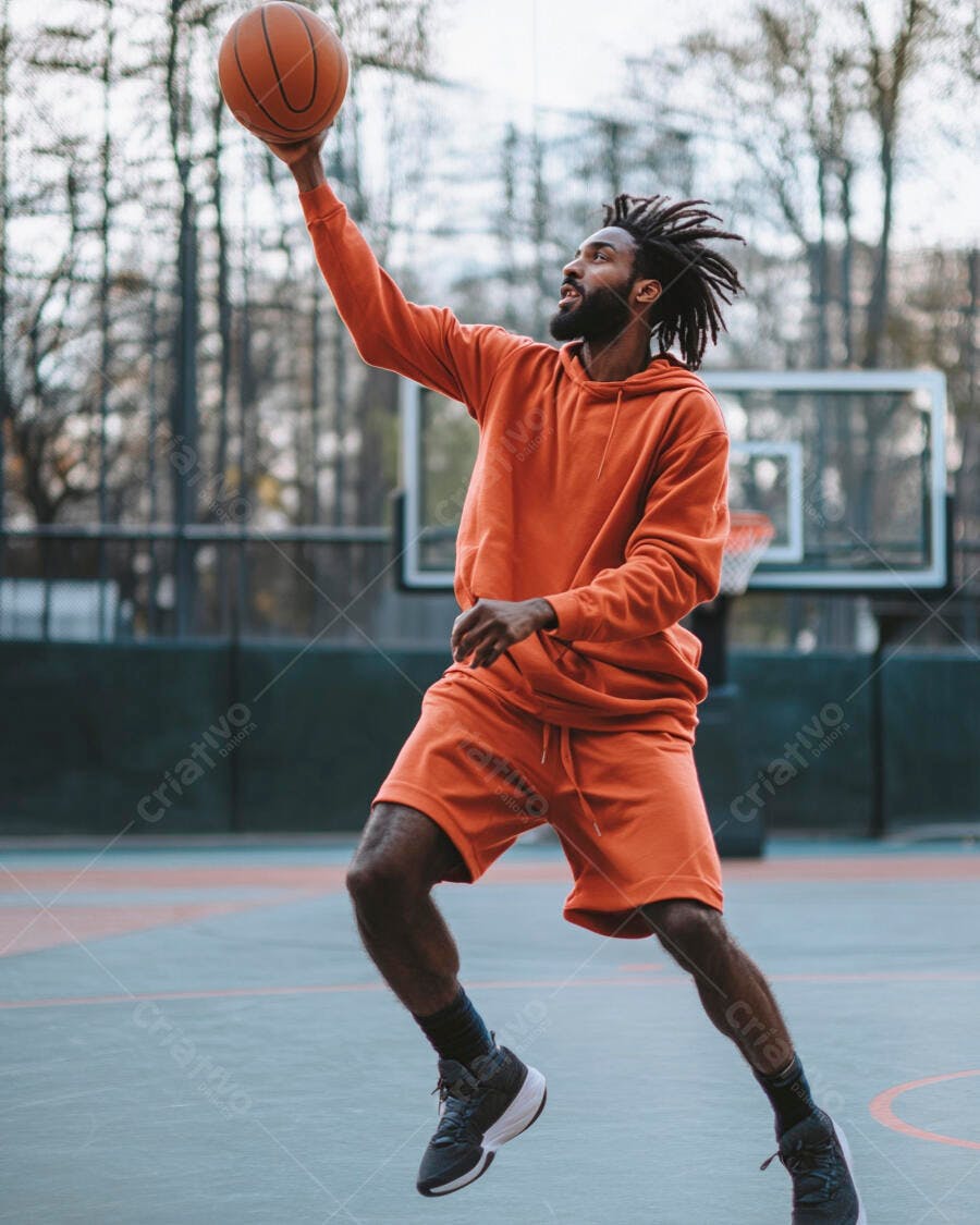 Homem negro atlético com dreads jogando basquete em quadra laranja