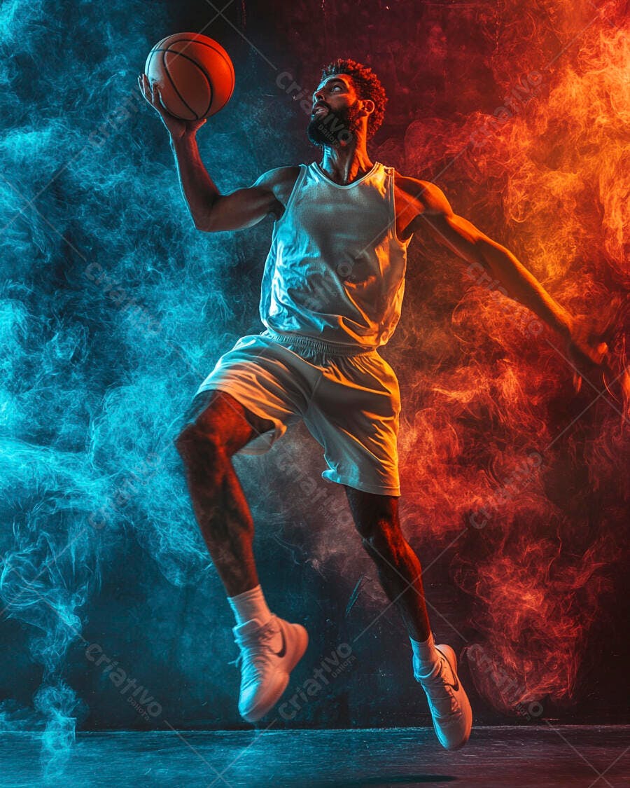 Jogador de basquete homem negro saltando com bola em fumaça azul e laranja vibrante