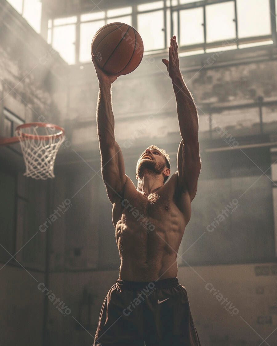Homem musculoso arremessando bola de basquete sem camisa em quadra de cimento