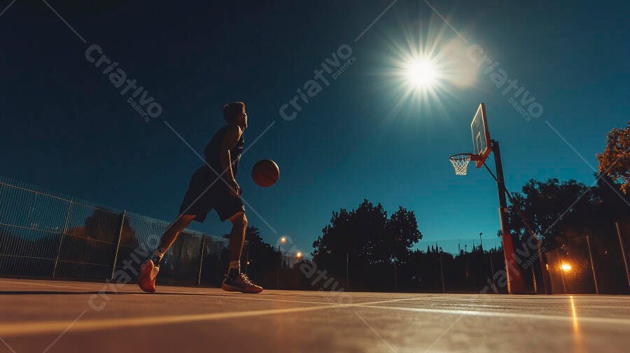 Jovem atleta driblando basquete em quadra ao pôr do sol