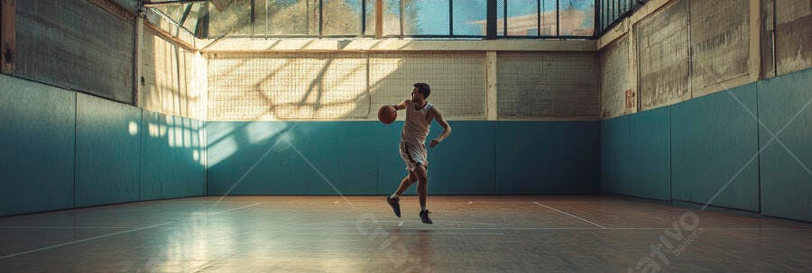 Atleta jovem homem driblando basquete em quadra azul esverdeada de ginásio iluminado