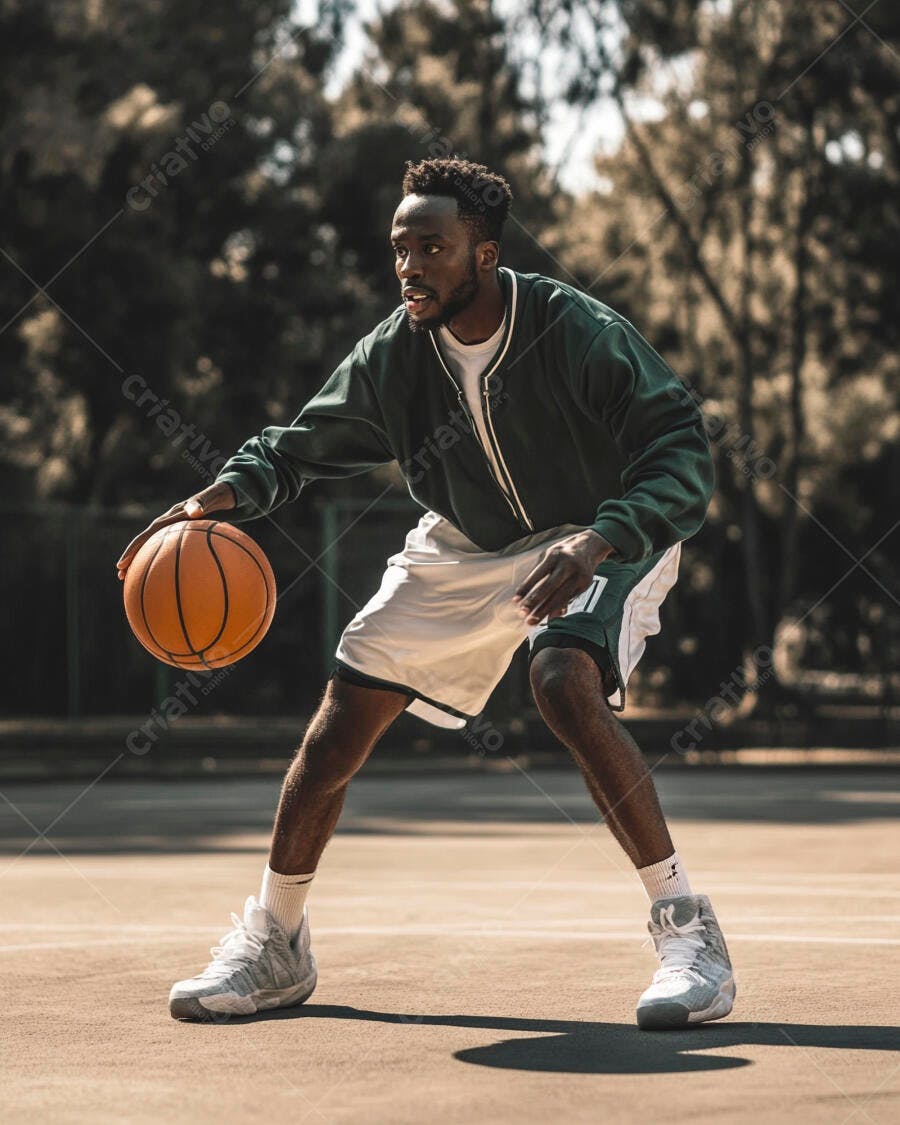 Homem negro jogador de basquete driblando bola laranja com jaqueta verde em quadra ensolarada