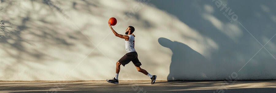 Homem atlético joga basquete ao ar livre em quadra clara com sombras