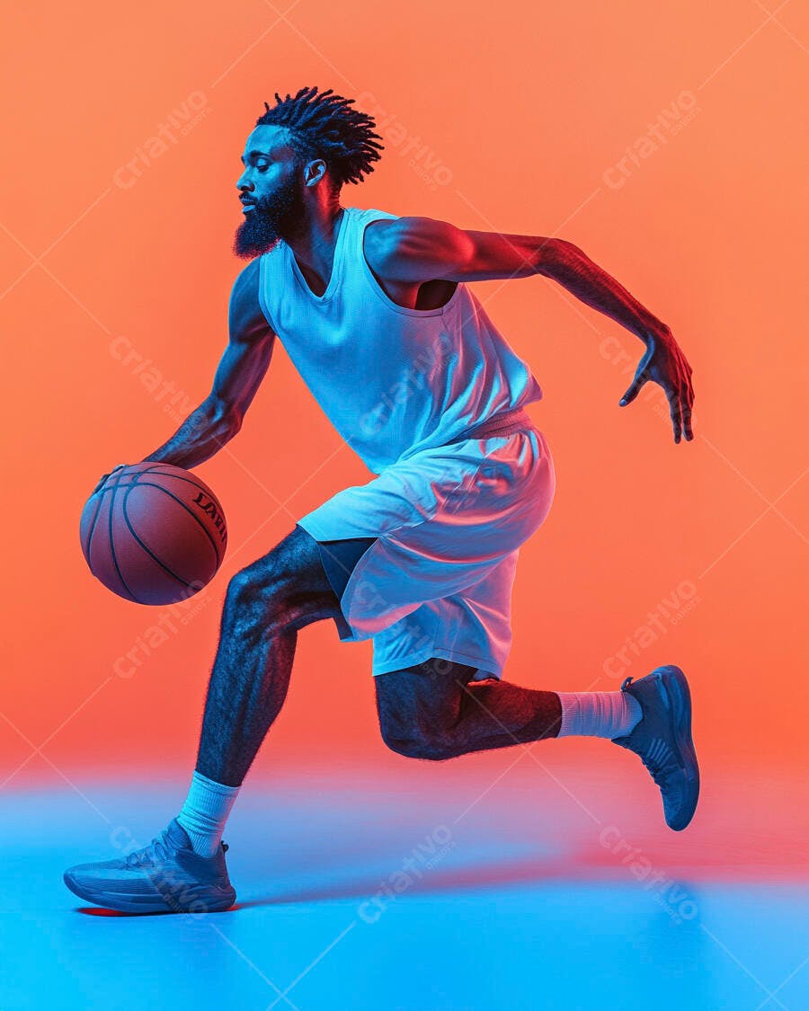 Jogador de basquete homem negro driblando bola em estúdio com luzes neon laranja e azul