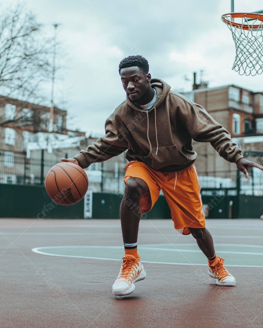 Homem negro jogando basquete com moletom marrom e shorts laranja em quadra urbana