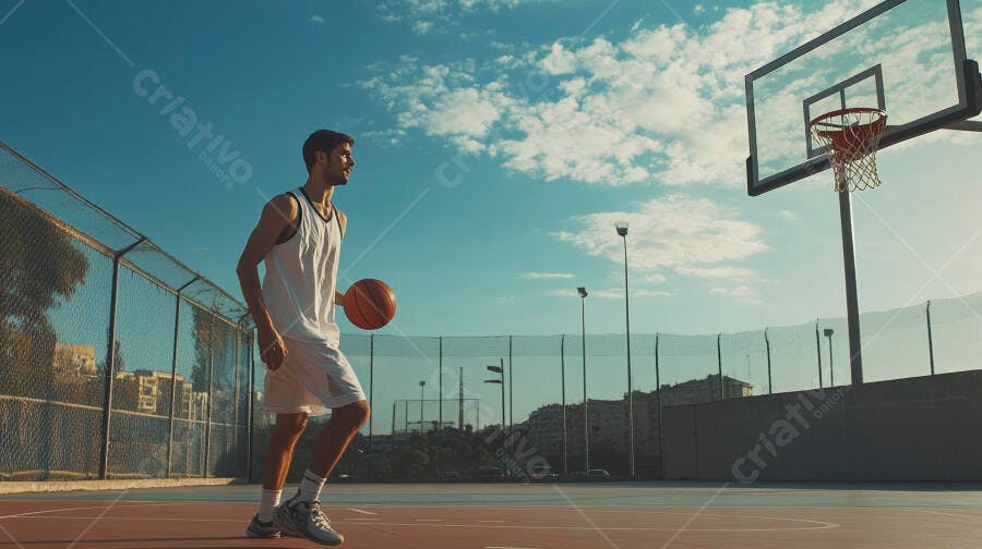 Jovem homem caucasiano driblando basquete em quadra exterior sob céu azul