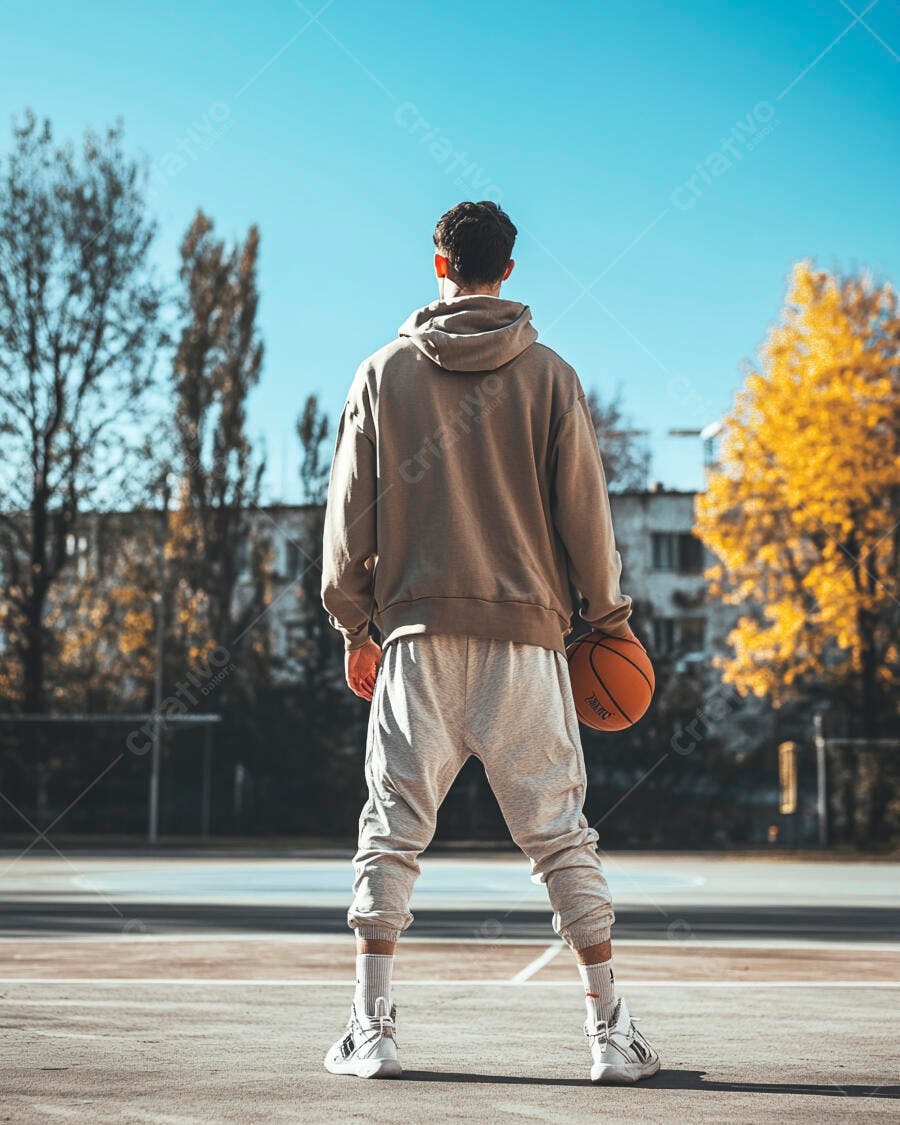 Jovem com moletom bege e bola de basquete em quadra urbana sob céu azul outonal