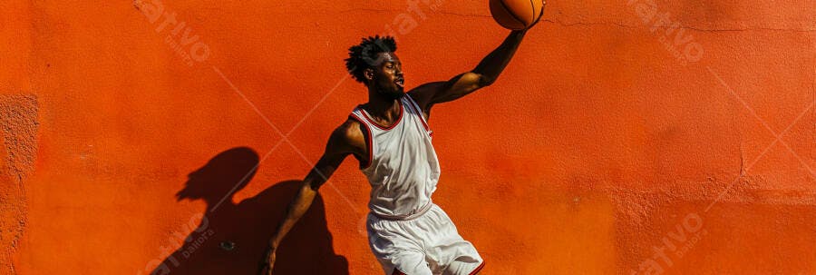 Homem negro atleta jogando basquete contra parede laranja vibrante