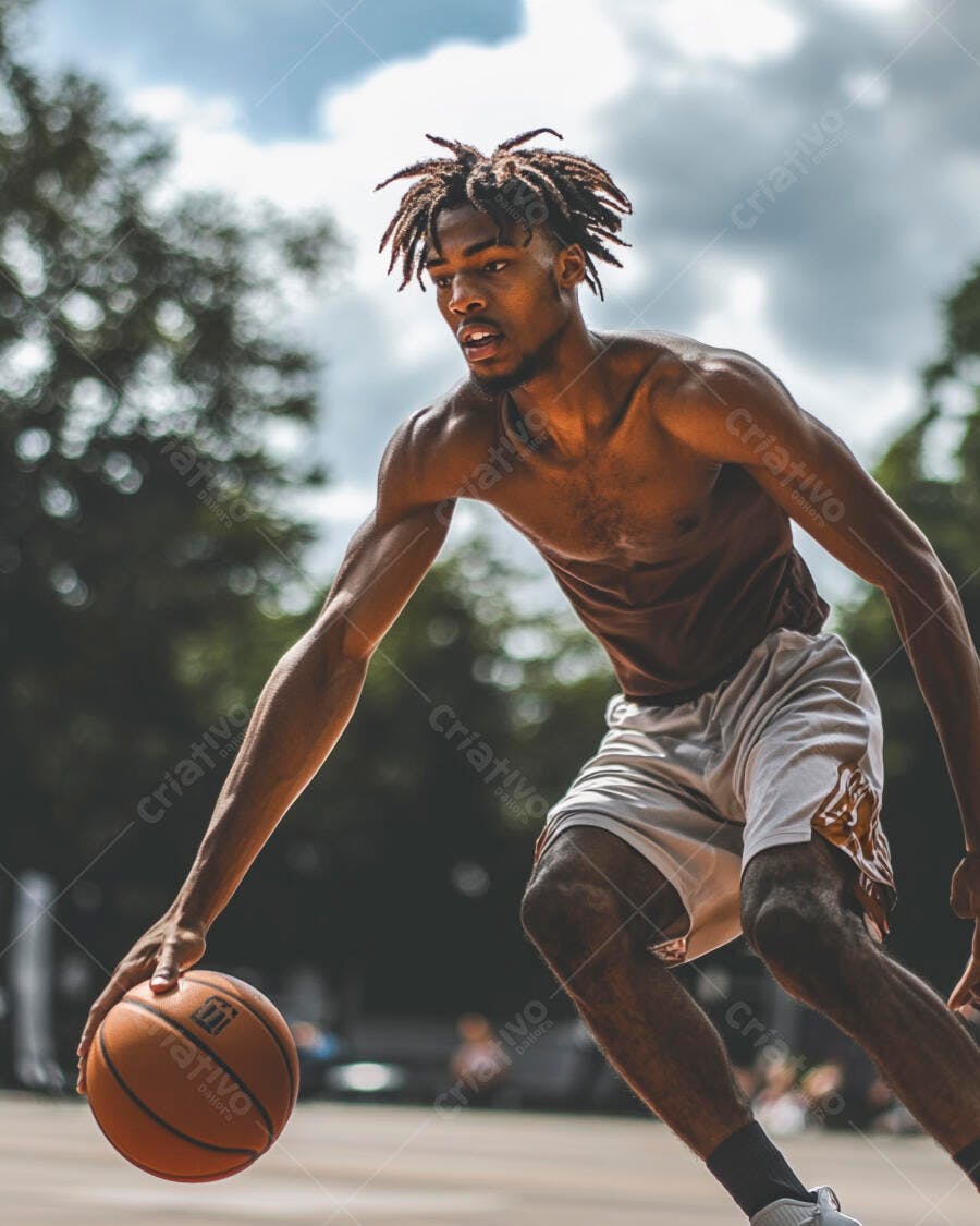 Jovem homem negro atlético driblando basquete em quadra externa ensolarada