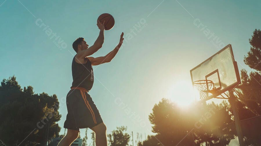 Homem atlético caucasiano jogando basquete ao ar livre com pôr do sol dourado