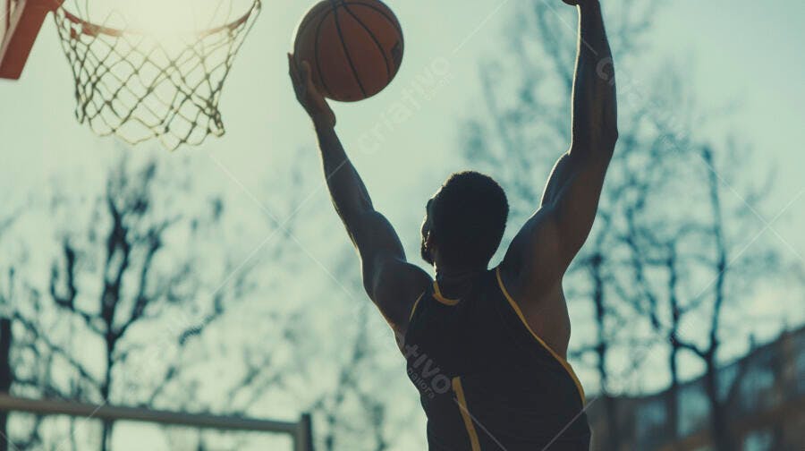 Homem negro atlético enterrando bola de basquete em quadra ensolarada