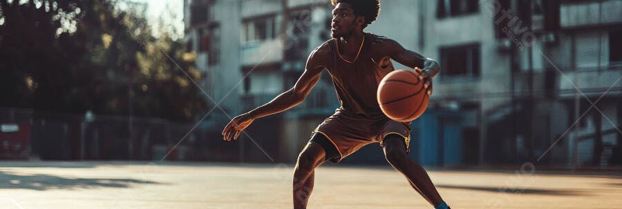Homem negro atleta driblando basquete em quadra urbana ensolarada