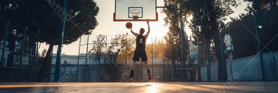 Jovem atleta enterrando bola de basquete em quadra ao ar livre pôr do sol