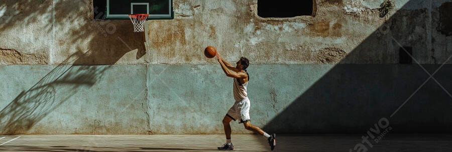 Jogador de basquete arremessando na quadra urbana com luz solar forte