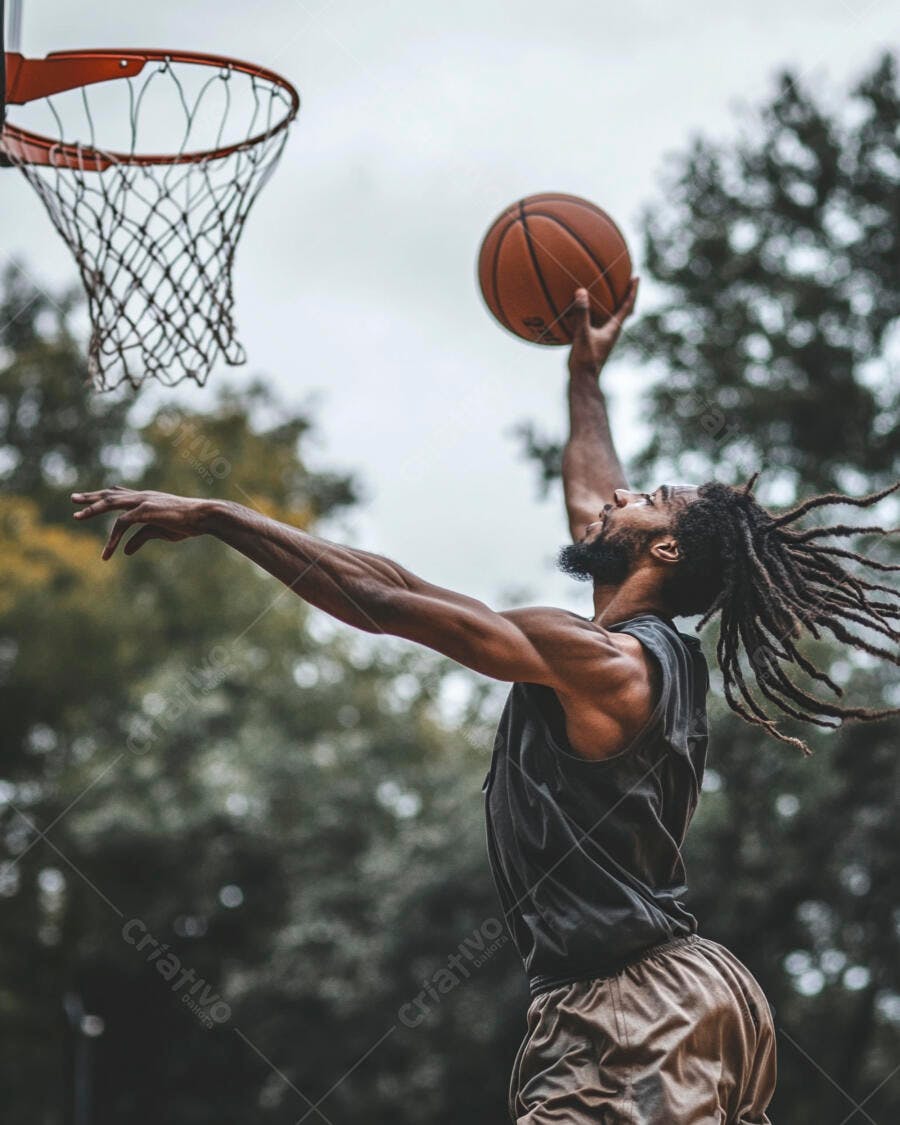 Homem negro atleta com dreadlocks jogando basquete ao ar livre