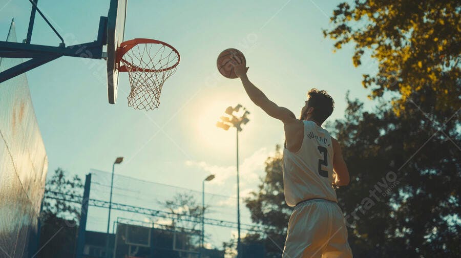 Jovem jogador de basquete arremessando a bola na cesta em quadra ensolarada
