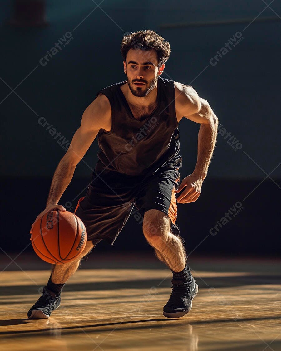 Jovem jogador de basquete driblando bola em quadra de madeira com luz dramática