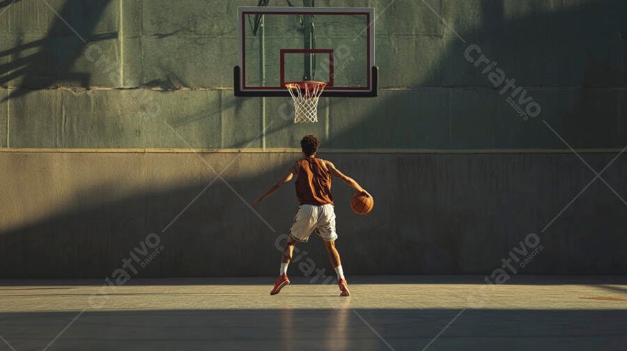 Homem atlético driblando bola de basquete em quadra externa ao pôr do sol
