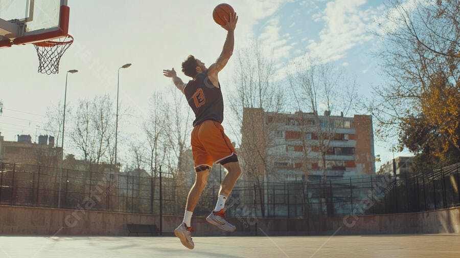 Homem atlético branco pulando com bola de basquete em quadra ensolarada