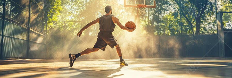 Jogador de basquete masculino driblando bola laranja em quadra ao pôr do sol dourado
