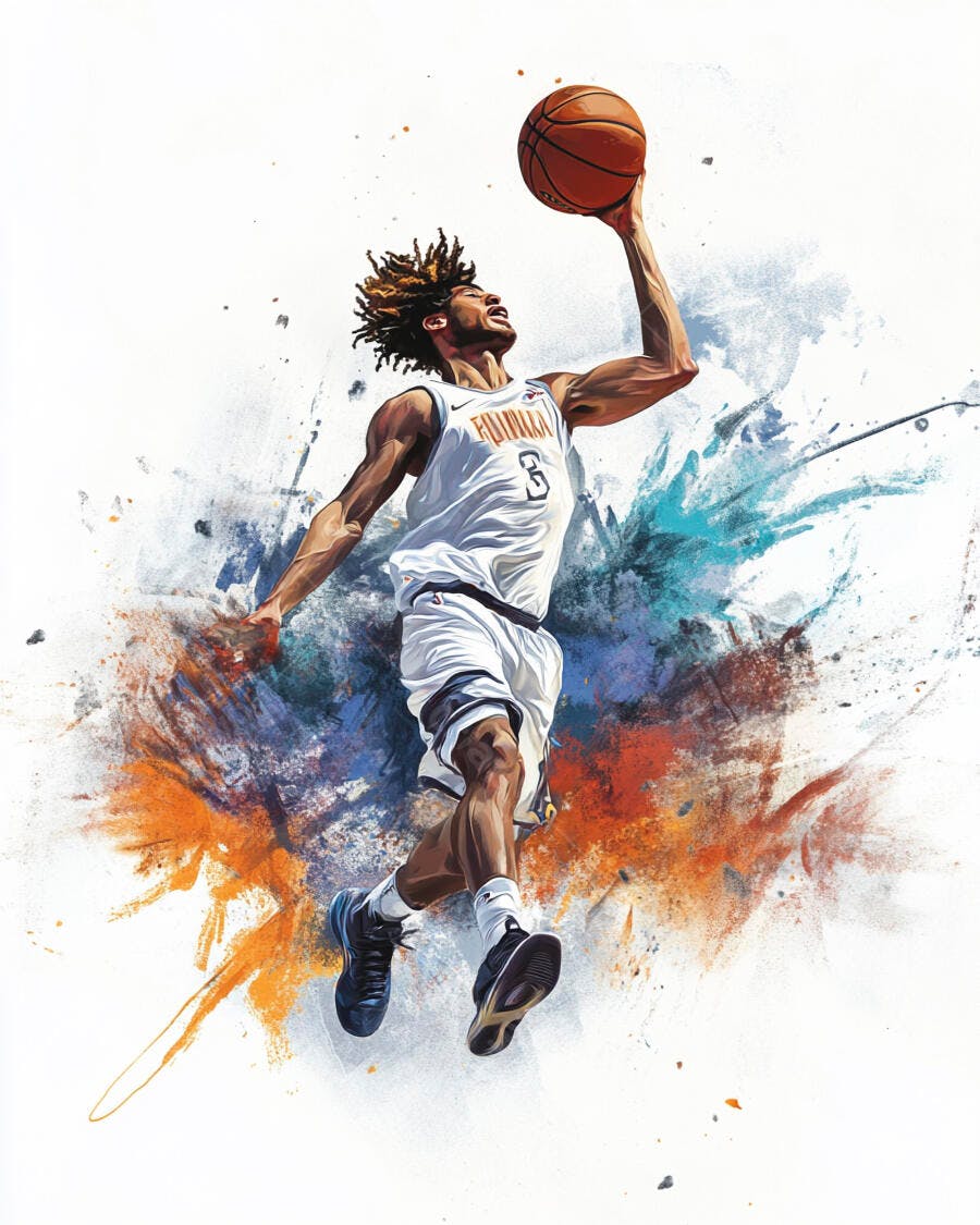 Jogador de basquete afro-americano saltando com bola em arte digital vibrante