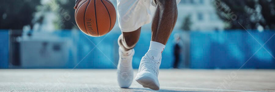 Homem negro jogando basquete driblando com bola laranja em quadra azul ao ar livre