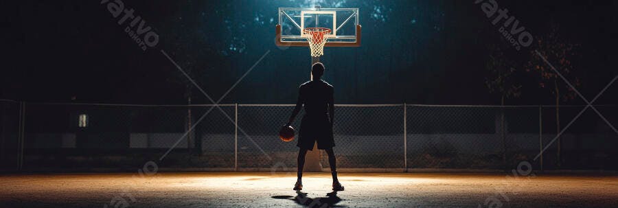 Jogador de basquete em silhueta à noite na quadra iluminada com luz azul e laranja