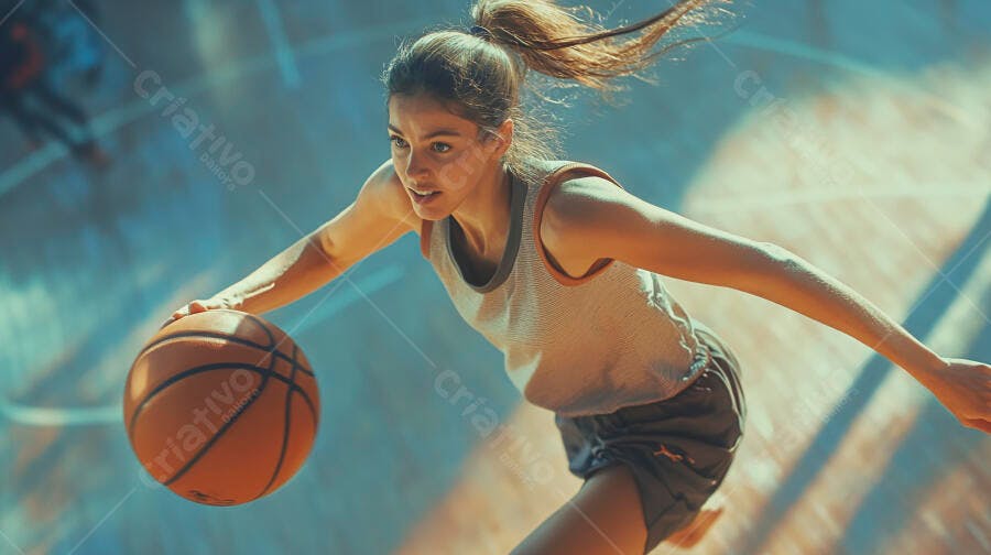 Mulher jovem atlética driblando bola de basquete laranja em quadra esportiva