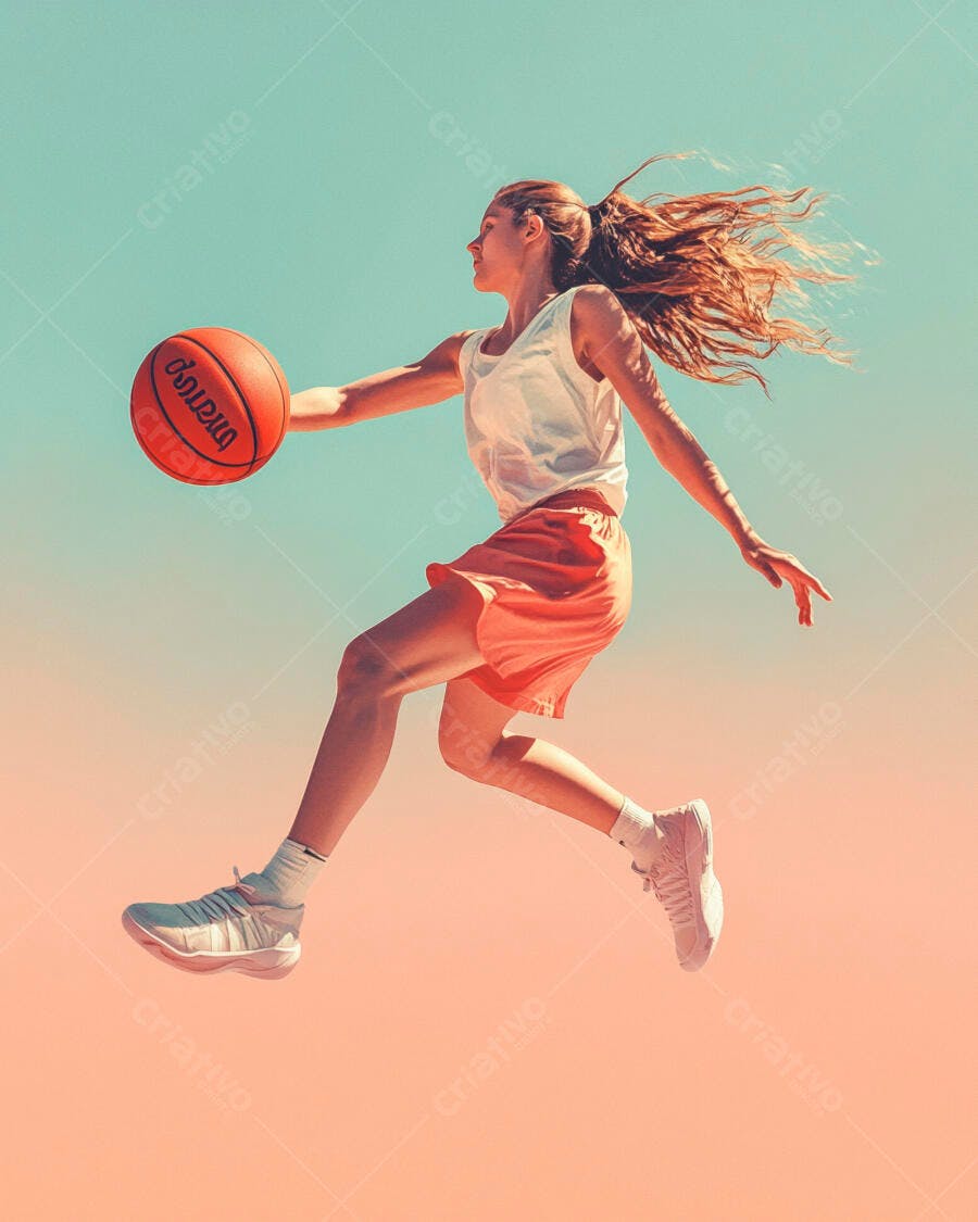 Mulher jovem caucasiana saltando com bola de basquete sob céu azul e pêssego