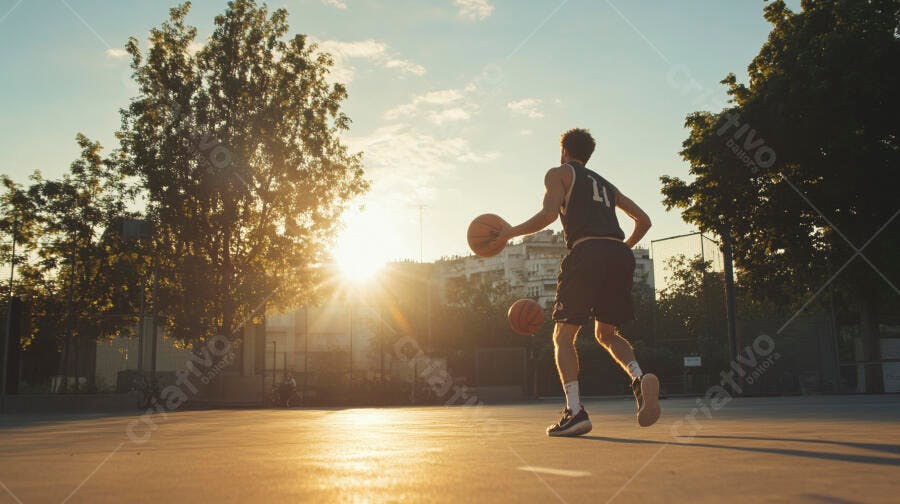 Homem jovem driblando basquete em quadra ao pôr do sol dourado