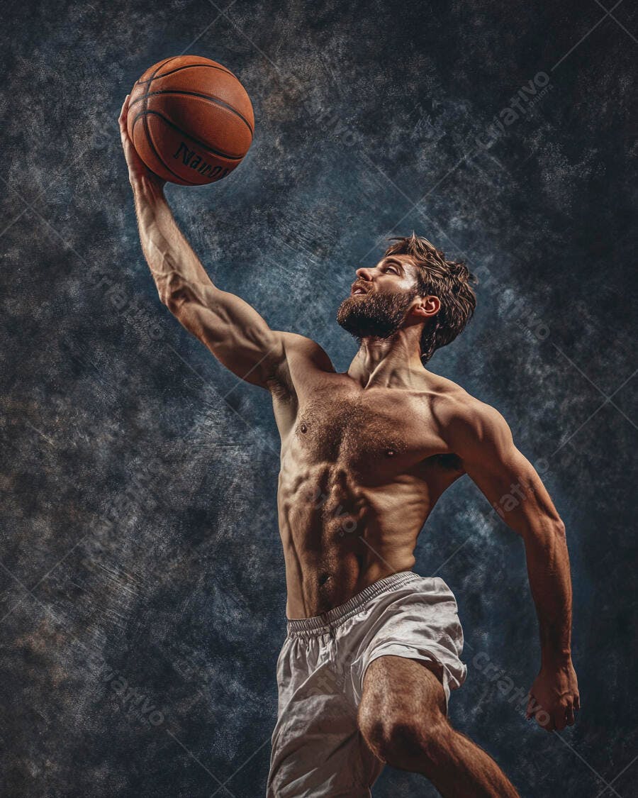 Homem branco barbudo musculoso arremessando bola de basquete em estúdio
