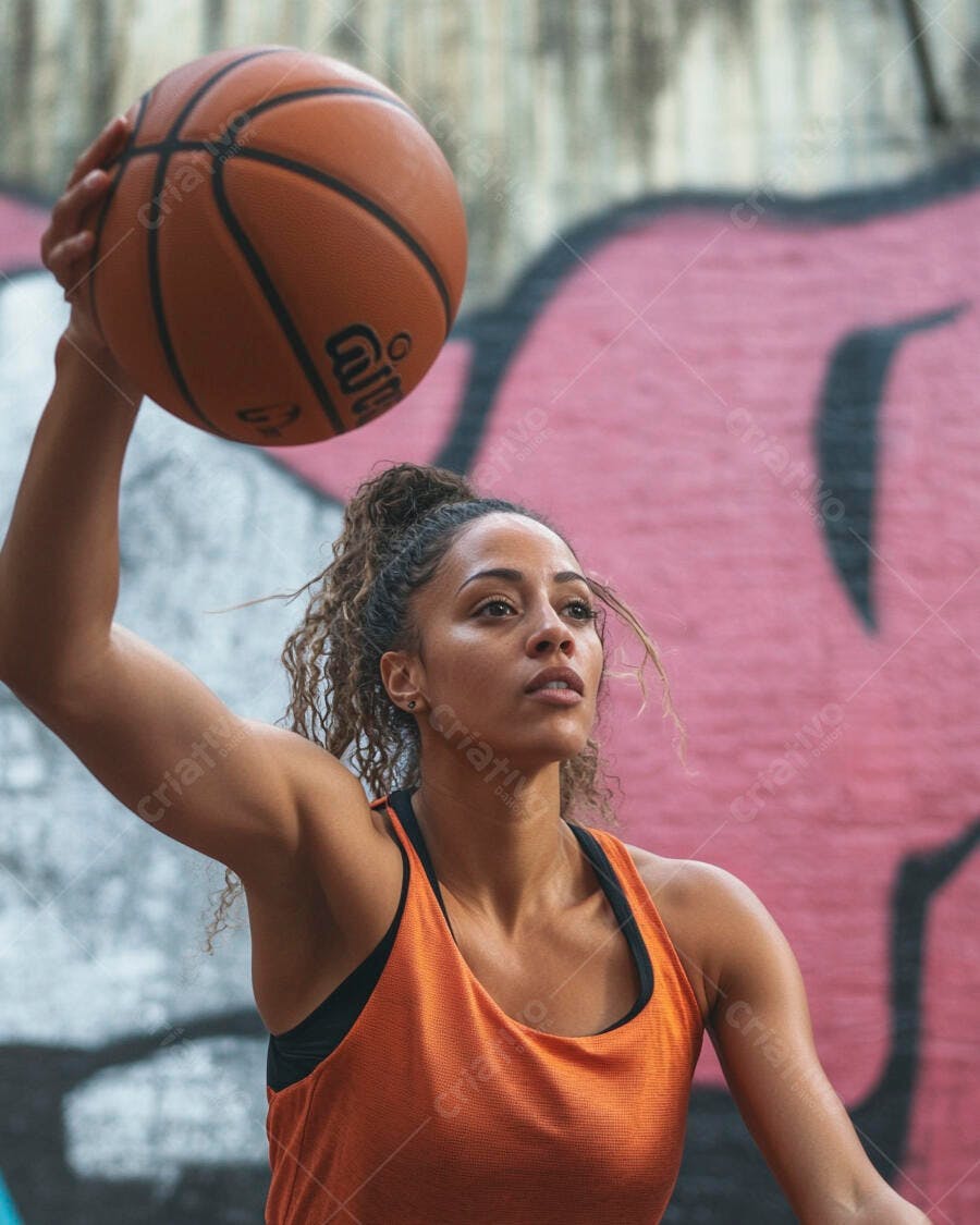 Mulher atlética jogando basquete de regata laranja em quadra urbana