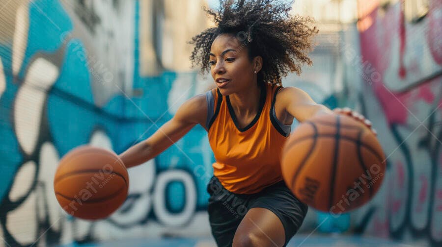 Mulher negra atlética driblando duas bolas de basquete em quadra urbana