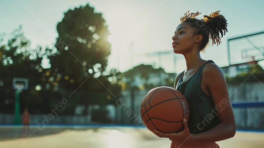 Mulher negra atleta com bola de basquete em quadra ensolarada