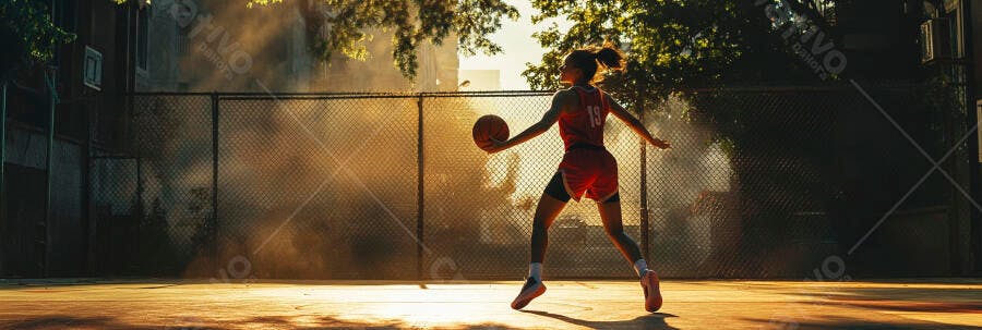 Jogadora de basquete jovem em quadra urbana ao pôr do sol luz dourada