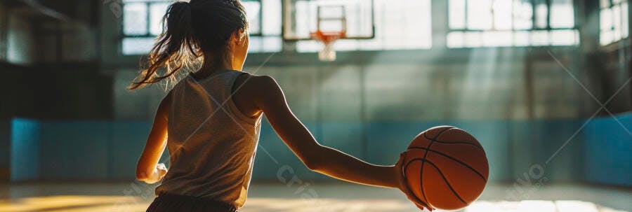 Jovem jogadora de basquete driblando a bola na quadra ao entardecer