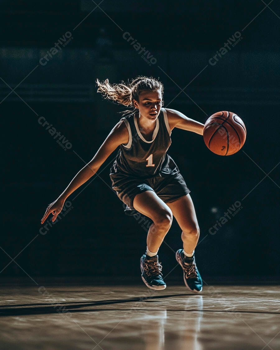 Jogadora de basquete caucasiana driblando bola laranja em quadra escura